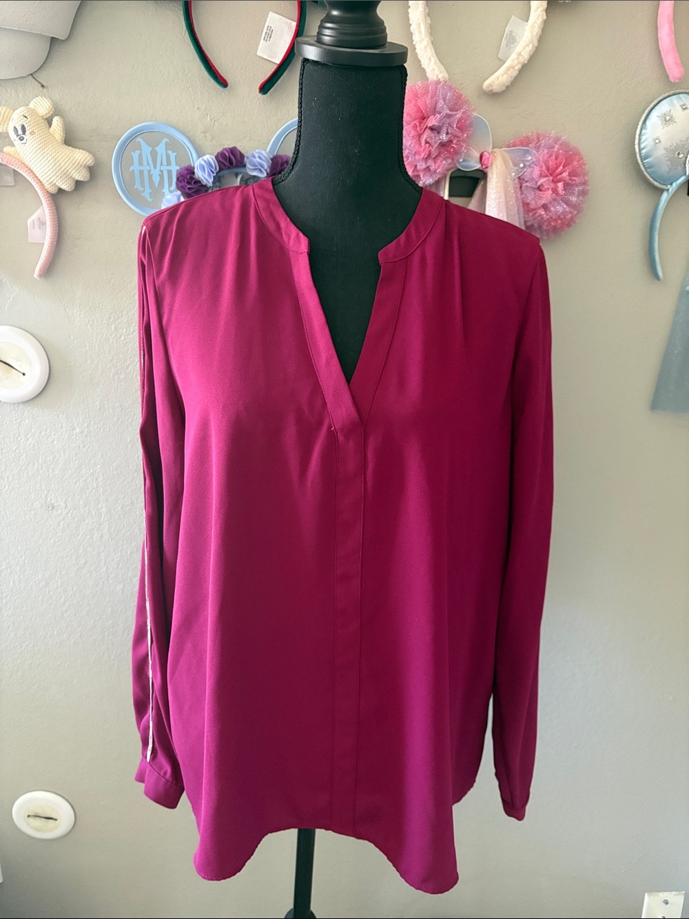 Jennifer Lopez Deep Magenta Split V-Neck Long Sleeve Blouse